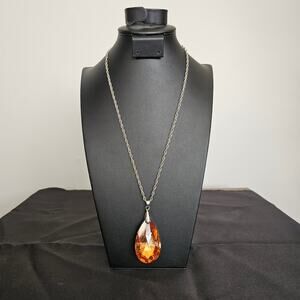 Large Faceted Amber Crystal Teardrop Pendant Necklace